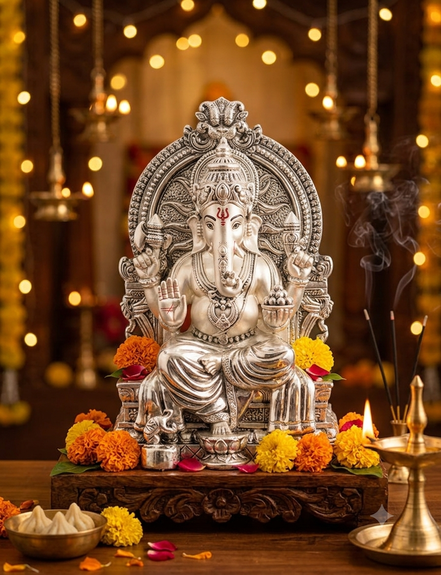 Seated Lord Ganesha Idol on Throne with Prabhavali Arch