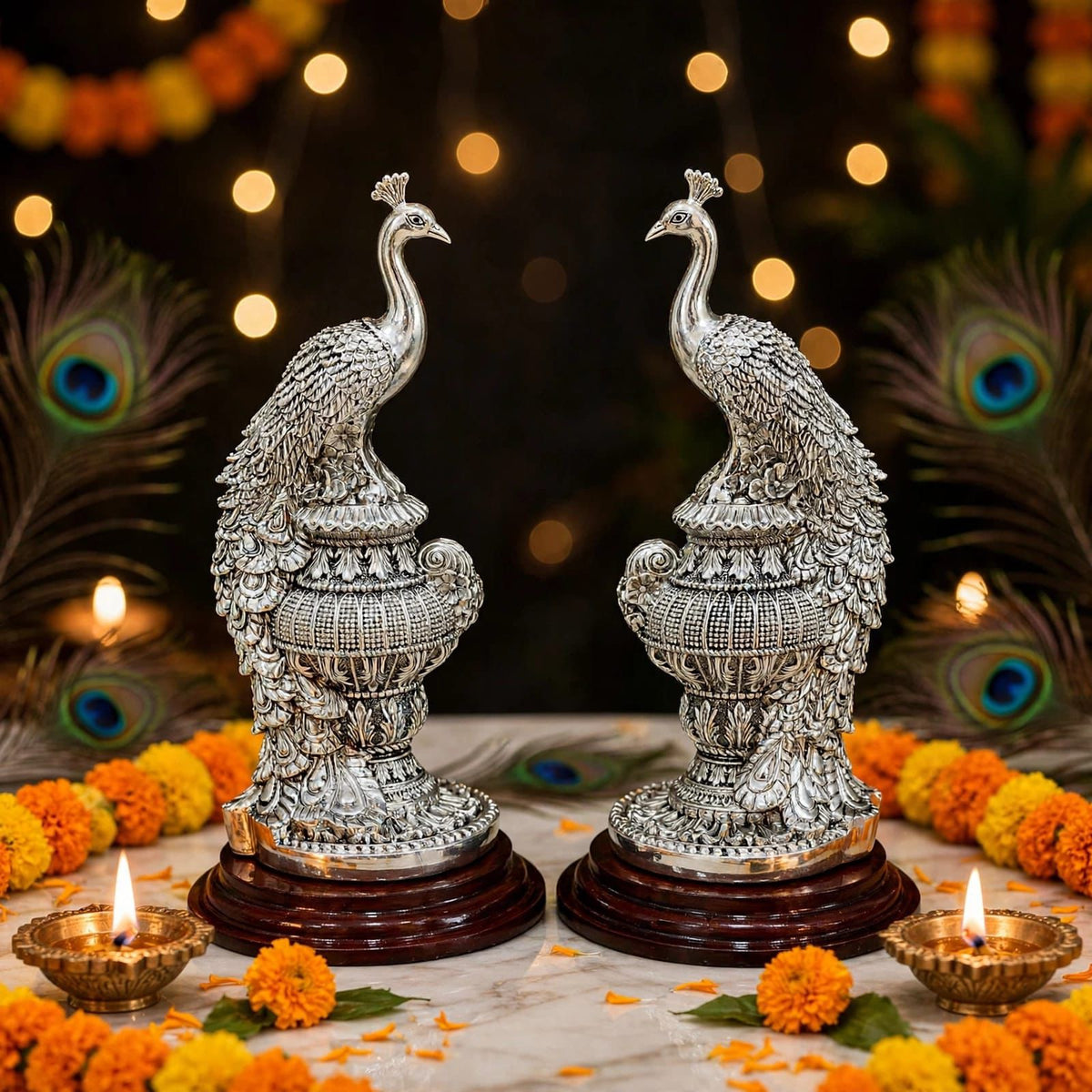 Peacock Pair Statues on Wooden Base (Set of 2)