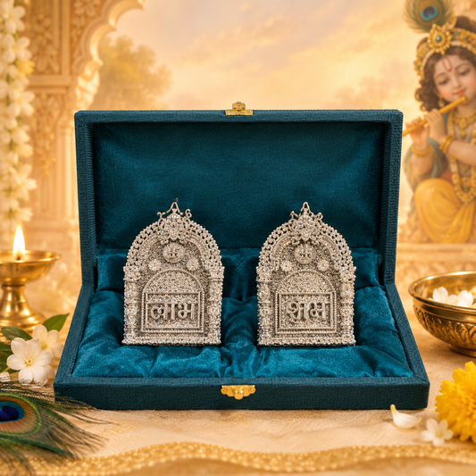 999 Silver-Plated "Shubh Labh" Wall Hanging Plaques in Velvet Gift Box (Set of 2)