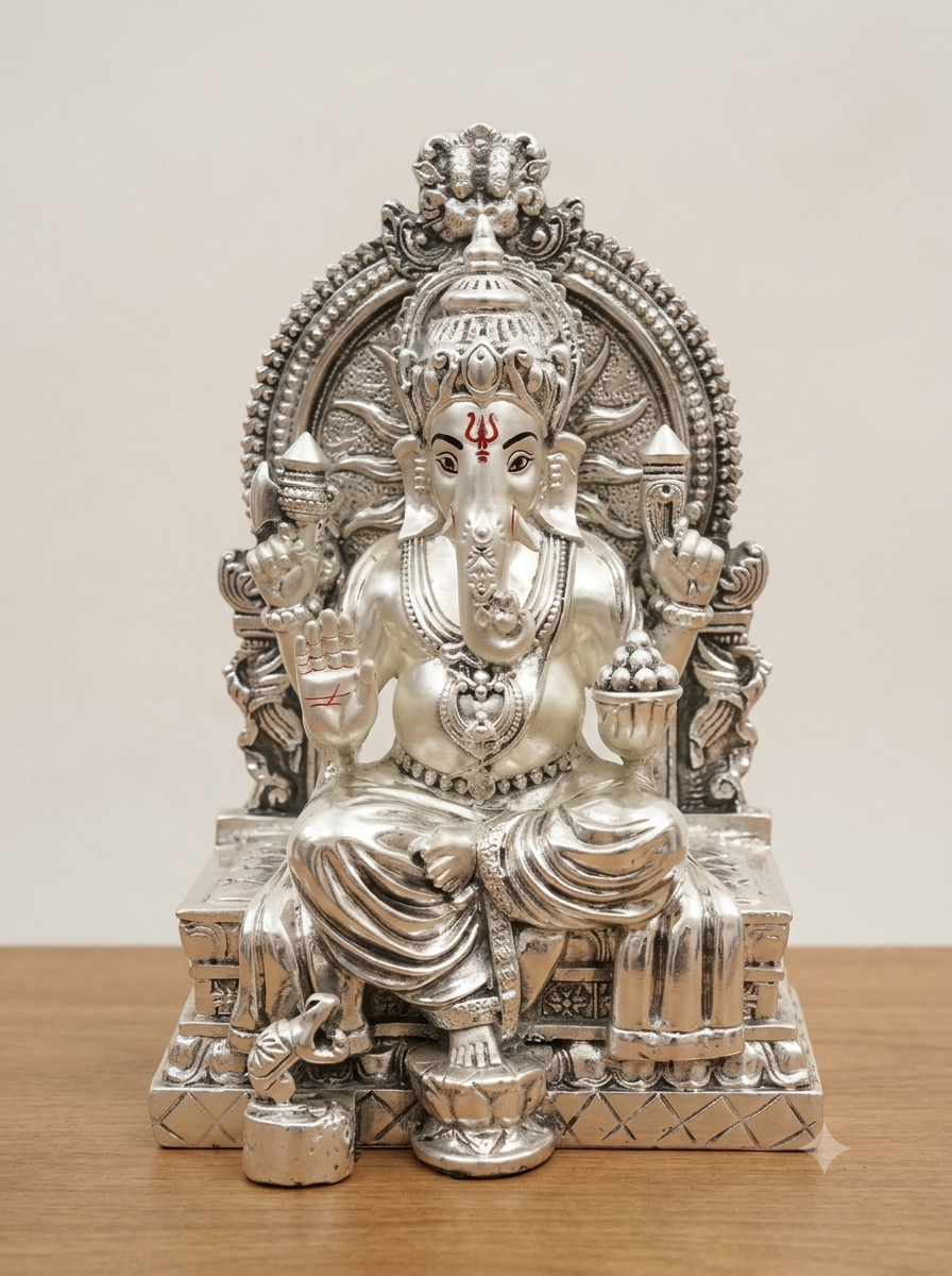 Seated Lord Ganesha Idol on Throne with Prabhavali Arch