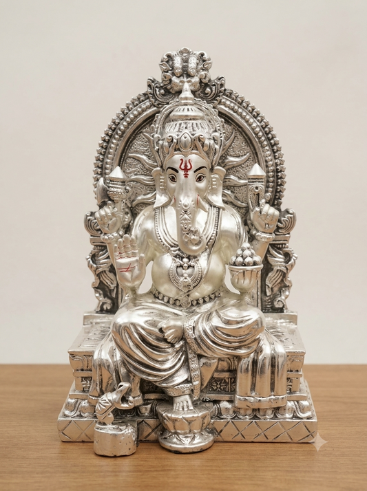 Seated Lord Ganesha Idol on Throne with Prabhavali Arch