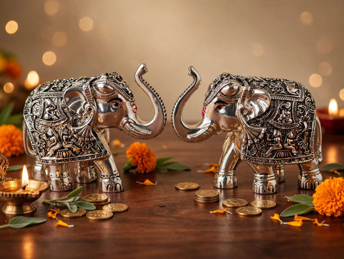 Handcrafted 999 Silver-Plated Elephant Pair Statues (Set of 2)