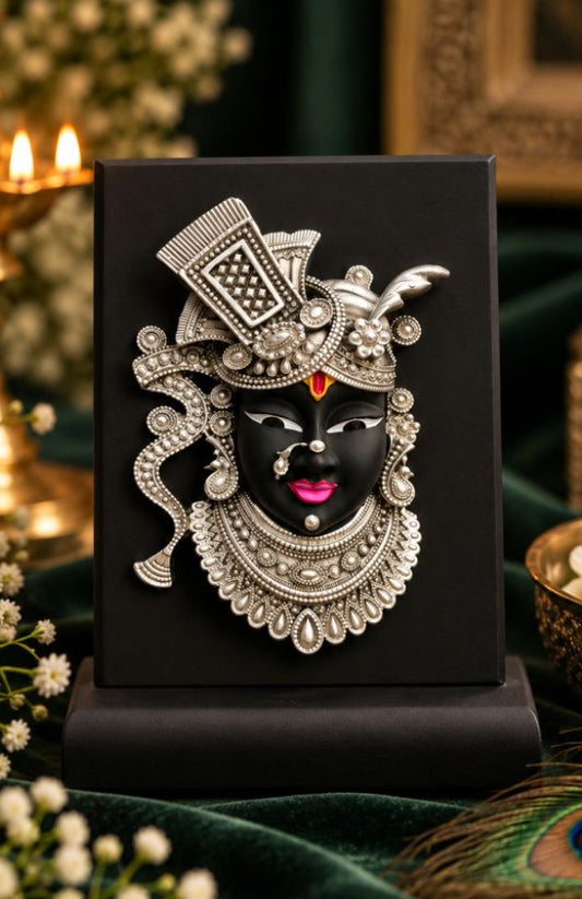 999 Silver-Plated Lord Shrinathji / Krishna Face Frame on Black Acrylic Stand